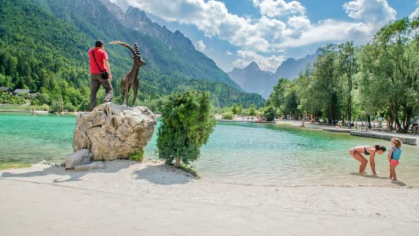 Ein Mann Steht Neben Einer Ziegenstatue Auf Einem Großen Stein — Stockvideo