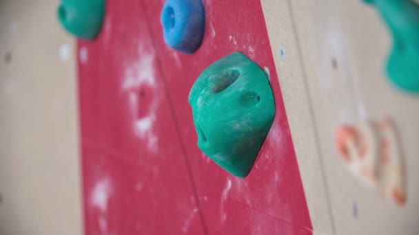 学校のジムでクライミングウォールに登るときに男の子が登山石にしがみついています 登山石は色が違う — ストック動画