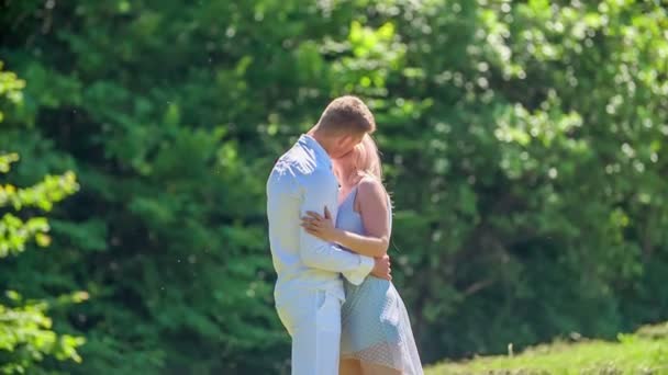 Young Couple French Kissing Date Outdoors Having Great Time Together — Stock Video