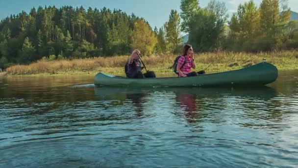Beautiful Landscape Two People Paddling Canoe Nice Calm Day — Stock Video
