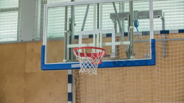 One Boys Throwing Ball Rim Basketball Court Kids Enjoying Playing — Stock Video