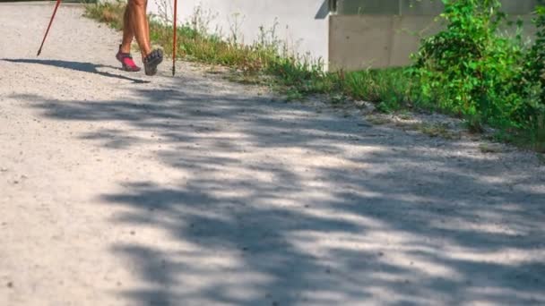 Metraje Hombre Maduro Corriendo Con Bastones Trekking Naturaleza — Vídeos de Stock