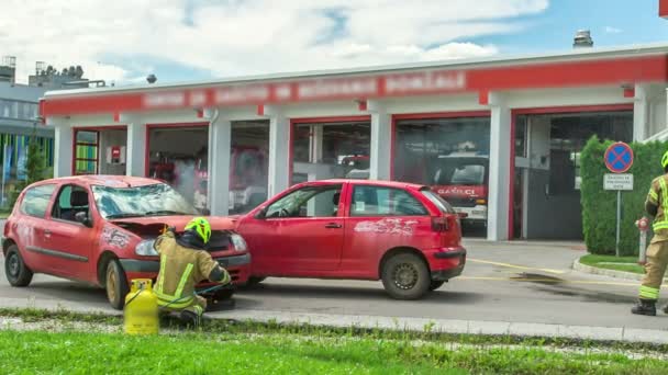 Domzália Szlovénia Július 2018 Két Piros Autó Két Tűzoltó Tűzoltás — Stock videók