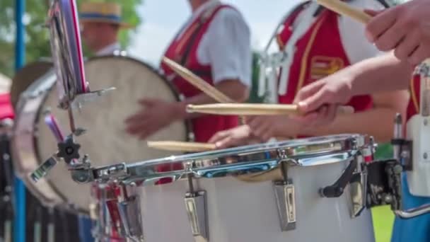 Can See Two Members Brass Band Playing Wooden Drum Sticks — Stock Video