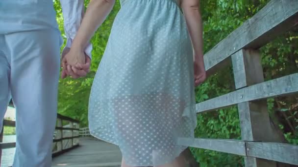 Ein Junges Paar Geht Hand Hand Auf Einem Holzweg Einen — Stockvideo