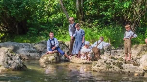 Beautiful Children Dressed Old Fashioned Clothes Playing Water Seems Enjoying — Stock Video