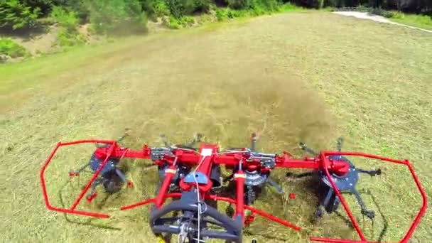 Farmers Really Busy Summer Preparing Hay Rotary Rakes Turning Hay — Stock Video