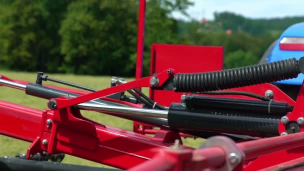 Machinery Slowly Lifting Farmer Pushing Button His Tractor Summer Time — Stock Video