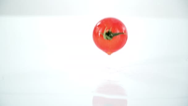 Eine Rote Tomate Fällt Auf Einem Tisch Ins Wasser Überall — Stockvideo