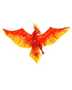 Ateş kuşu takımyıldızı Phoenix. Yıldızlı ve takımyıldızlı dijital sanat kuşu. Kristal uzay dizaynı yıldızlı gökyüzü hayvanı. Yıldızlı siluet anka kuşu geometrik tarzda izole edilmiş beyaz