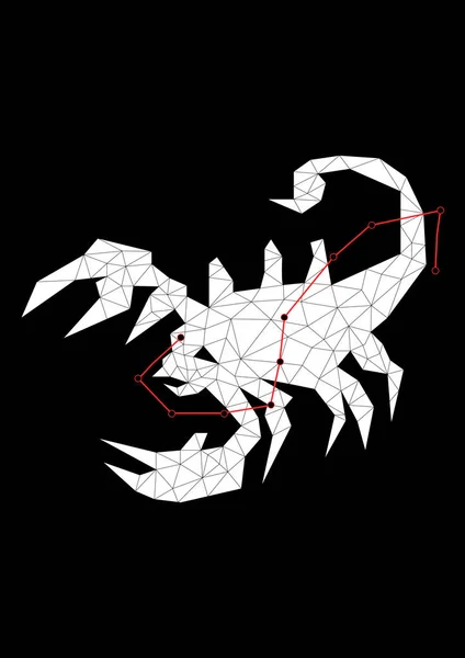 Geometric black and white sihouette of scorpio zodiac sign in polygonal style with red line of stars constellation