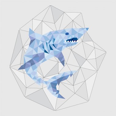 Geometrik tarzda açık mavi köpekbalığı. Origami çokgen dijital sanat köpekbalığı deniz hayvanı. Kristal uzay tasarım hayvanı. Siluet köpekbalığı açık mavi ve gri arkaplan üzerinde yıldızlar geometrik tarzda