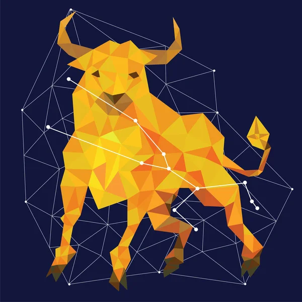 Golden symbol of the constellation Taurus on a blue background surrounded by lines and stars