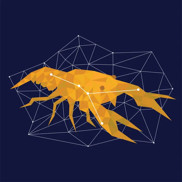 Golden symbol of the constellation Cancer on a blue background surrounded by lines and stars