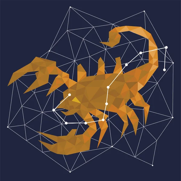 Golden symbol of the constellation Scorpio on a blue background surrounded by lines and stars