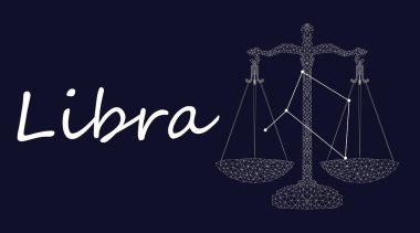 Terazi burcu işareti takımyıldızı vektörü. Yıldız burcu burcu yıldızları. Noktalar olan soyut kristal uzay karanlık gökyüzü arkaplanı. Vektör Astroloji silüeti Terazi tasviri beyaz sembol