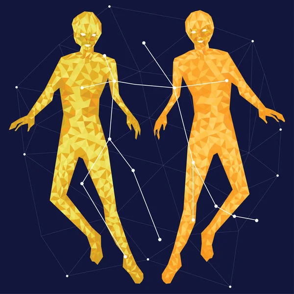 Zlatý Vektor Gemini Zvěrokruhu Tmavomodrém Pozadí Symbol Vektorového Horoskopu Blíženec — Stockový vektor