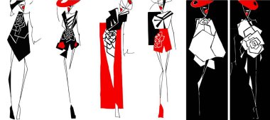Moda kıyafetlerinin siluetleri geometrik siyah, kırmızı ve beyaz tarzda ayarlanmış. Farklı dekoratif unsurlarla soyut silueti daire içine alır. Kırmızı sanat seti kostümlerinin moda silueti