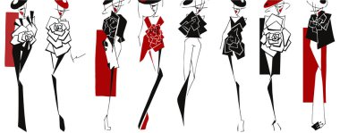 Moda kıyafetlerinin siluetleri geometrik siyah, kırmızı ve beyaz tarzda ayarlanmış. Farklı dekoratif unsurlarla soyut silueti daire içine alır. Kırmızı sanat seti kostümlerinin moda silueti