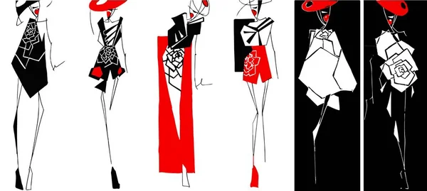 silhouettes of fashion suits set in a geometric black, red and white style. Circles fashion abstract silhouette with different decorative elements. art fashion silhouette of costume posing red art set