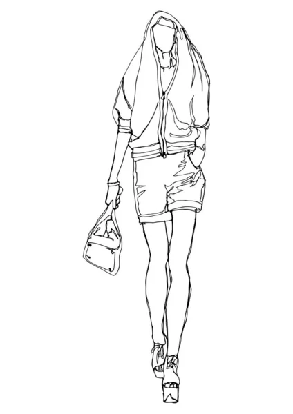 グラマーシルエットの手描きモデルスケッチ 女性のドレスの線のスケッチ孤立図を描く ファッションイラスト滑走路モデルアートブラックホワイトミニマリストアート シングルラインスケッチファッションポーズ — ストック写真