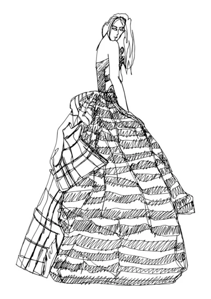 Fashion women illustration in long dress. Fashion illustration silhouette of model in line sketching. Hand drawn young model art. Woman in long dress with pleats in black ink lines illustration black white
