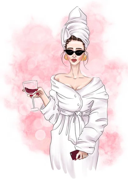 Girl Terry Towel Bathrobe Holding Glass Red Wine Fashionista Bathroom — Stockfoto