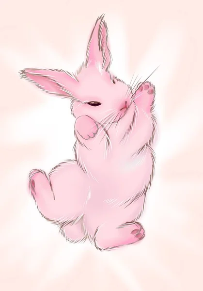小さなピンクのウサギのイラストは彼の足を上げた — ストック写真