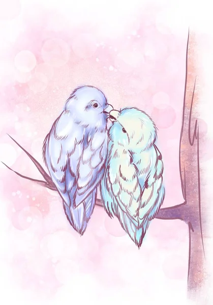 Two little colored parrots kiss sitting on a branch art — Stock Image Two Little Colored Parrots Kiss Sitting Branch Art Stock Photo