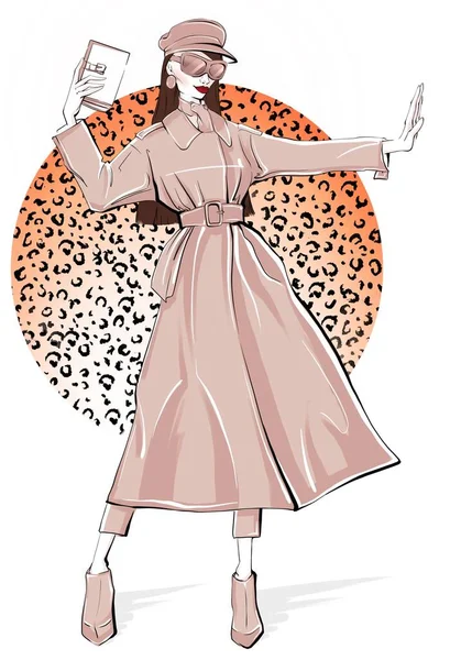 Mão Desenho Ilustração Mulher Casaco Trincheira Leopardo Impressão Rapariga Fica — Fotografia de Stock