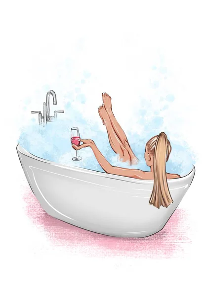 Ruční Kresba Ilustrace Dívka Leží Koupelně Sklenicí Vína Dívka Pije — Stock fotografie