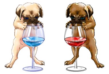 İki renkli küçük köpek yavrusu ve bir bardak şarap. Bir buldog köpek yavrusu iki ayak üstünde durur ve bir bardak renkli suya tutunur. Buldog köpeği bardakta suya bakıyor.