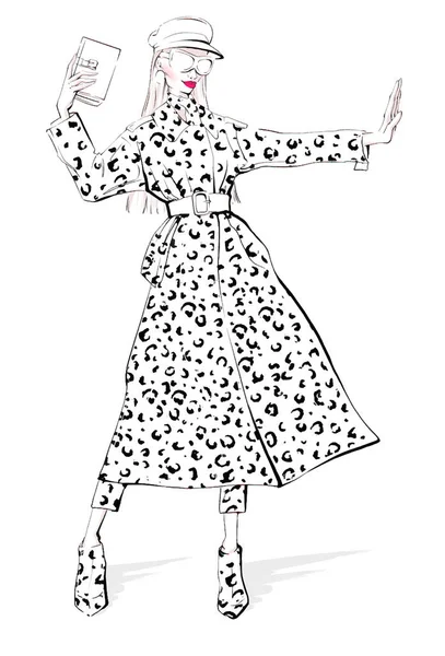 Dibujo Mano Ilustración Mujer Trench Coat Estampado Leopardo Chica Joven — Vector de stock