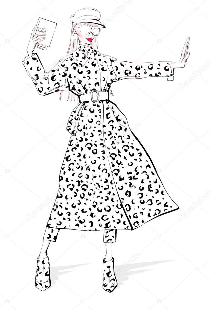 Hand drawing illustration woman in trench coat leopard print. Young girl stands with outstretched hand sketch. The girl in a cap and glasses is fashionable in a fashion printed coat. Black white hand drew girl art