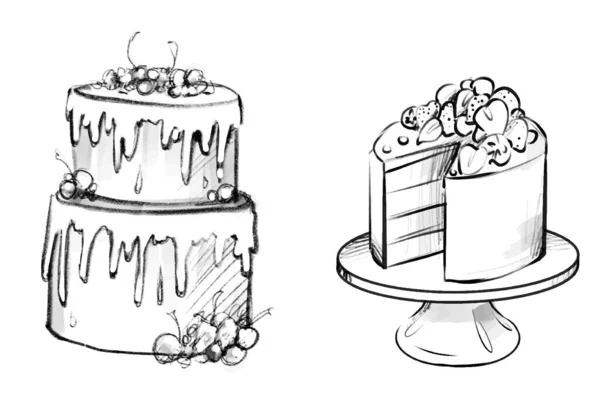 摊位上的一组蛋糕 黑白素描 结婚请帖甜蛋糕 婚礼蛋糕草图铅笔草图 轮廓黑色墨水手绘三层蛋糕吃标志艺术涂鸦轮廓风格 带有浆果和花卉载体的双层蛋糕 — 图库矢量图片