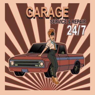 Servis ve onarım posterleri, orijinal yedek parçalar, eski moda sanat eserleri, klasik araba posterleri tabelaları, garaj ve poster stili hatunlu araba yıkama posterleri. Rozetli bir kadının olduğu klasik bir araba posteri. Araba resimli arabası olan bir kadın.