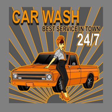 Servis ve onarım posterleri, orijinal yedek parçalar, eski moda sanat eserleri, klasik araba posterleri tabelaları, garaj ve poster stili hatunlu araba yıkama posterleri. Rozetli bir kadının olduğu klasik bir araba posteri. Araba resimli arabası olan bir kadın.