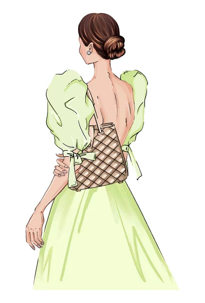 Illustration Femme Dessinée Main Dans Une Robe Avec Sac Mode — Image vectorielle