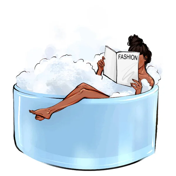 Relaxed Woman Taking Bath Reading Fashion Magazine Vector Illustration Female — Stock Vector