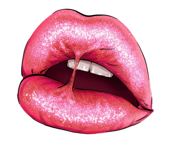 손으로 입술을 분홍색 벡터로 했습니다 격자무늬의 글로스 아름다운 여성의 입술이 — 스톡 벡터