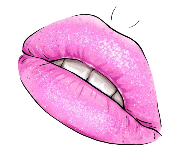 手描きでピンク色のベクトルでセクシーな唇を分けました セクシーな唇ピンクリップの色の光沢を歯で分けました 美しい女性の開いている唇を閉じる リップバームの若い女の子のベクトルアート 唇口紅の魅力光沢 — ストックベクタ