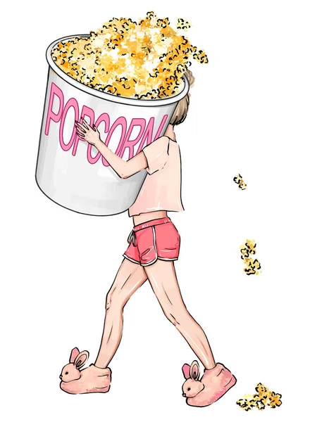 拿爆米花手绘插图的女人这个女孩提着一大包爆米花 一个穿着可爱的蓬松的拖鞋 短裤和T恤的女孩 吃爆米花的妇女 — 图库矢量图片