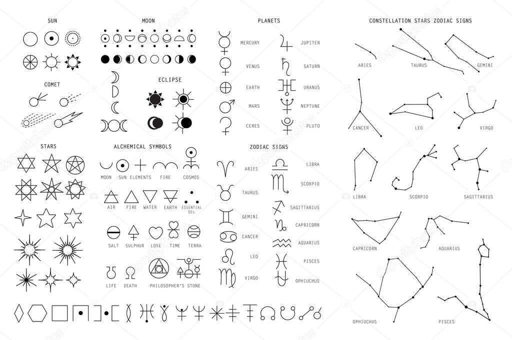 Zodiac sings constellation, alchemy astrology astronomy symbols, isolated icons. Planets, stars pictograms. Big esoteric set in line art black and white color geometric art