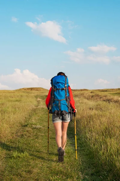 Hiking young woman with backpack and trekking poles walking