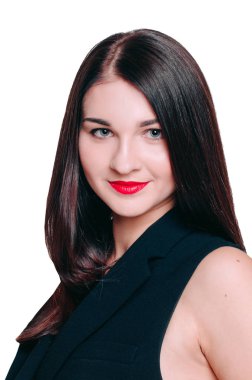 Portrait of smiling young woman with red lips make up