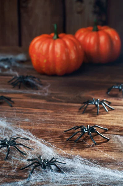 Halloween bakgrund med spindlar på rustika trä bakgrund co — Stockfoto