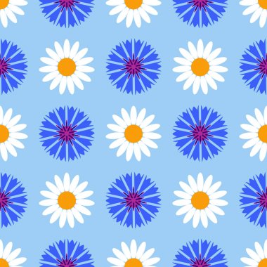 Cornflowers ve chamomiles, renkli illüstrasyon ile Dikişsiz desen arka plan