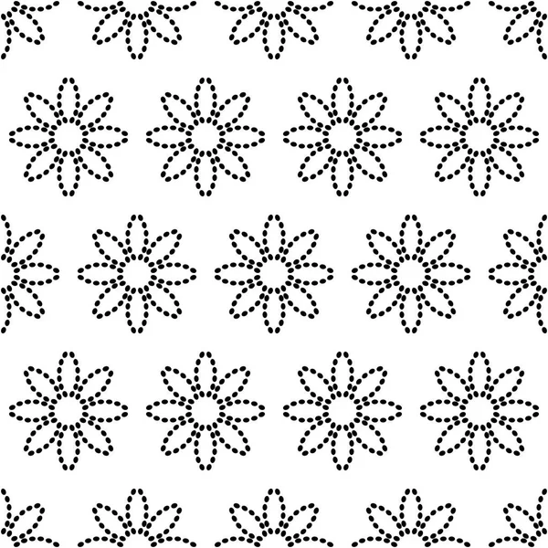 Nahtloses Muster mit abstrakten Blüten mit gestrichelten Linien. Vektorhintergrund in schwarz und weiß — Stockvektor