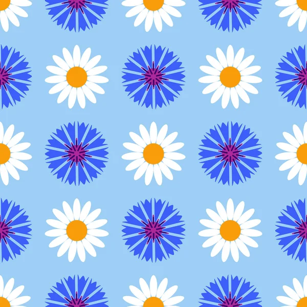 Nahtloser Musterhintergrund mit Kornblumen und Kamillen, bunte Illustration — Stockvektor