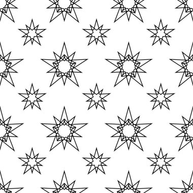 Siyah yıldızlarla dolu güzel beyaz arka plan. Tek renkli dikişsiz desen. Hediye ambalaj kağıdı, kumaş, tebrik kartları için süs.